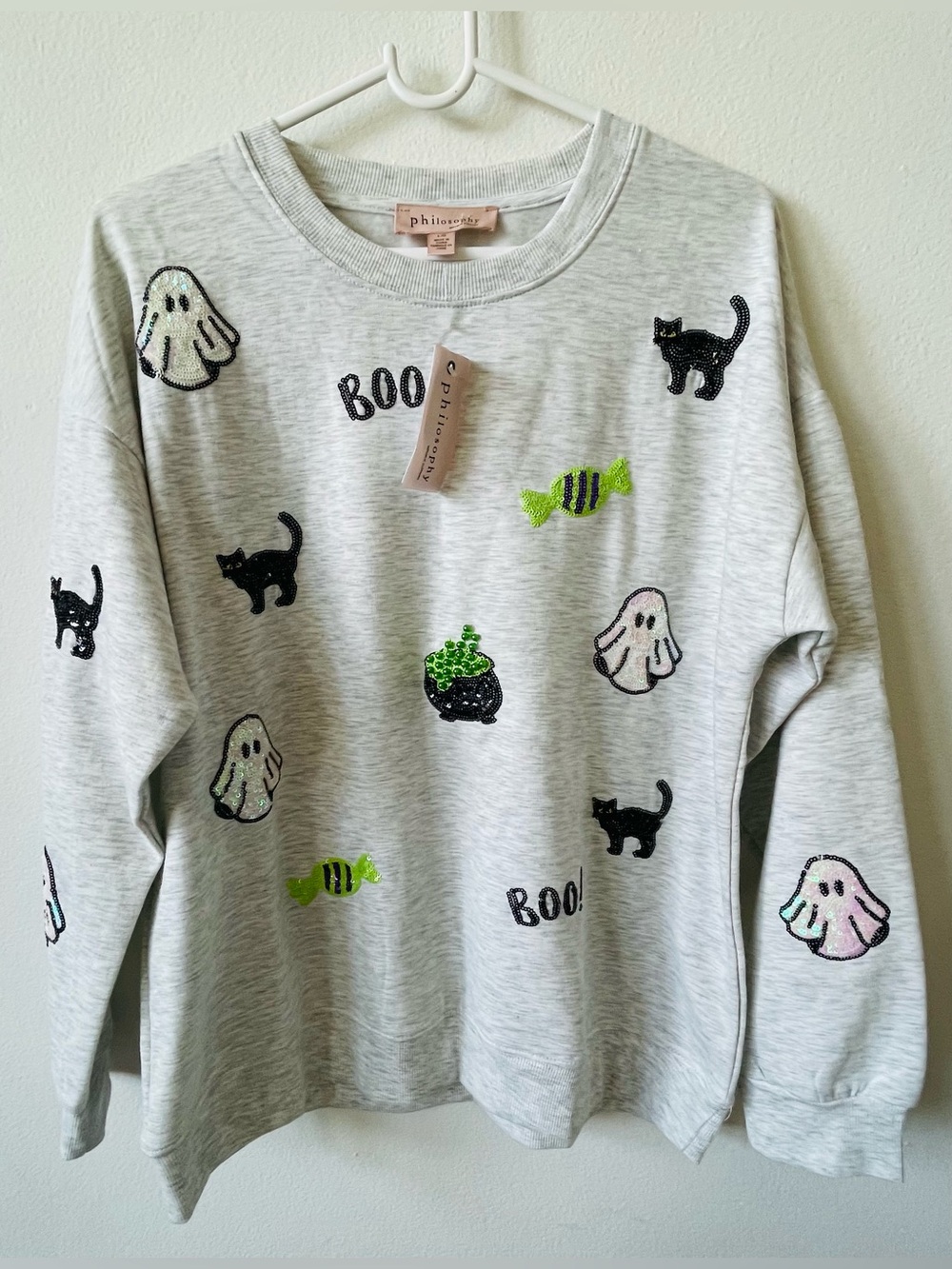 Philosophy Halloween Sequin Ghost Cat Sweatshirt Grey NWT
